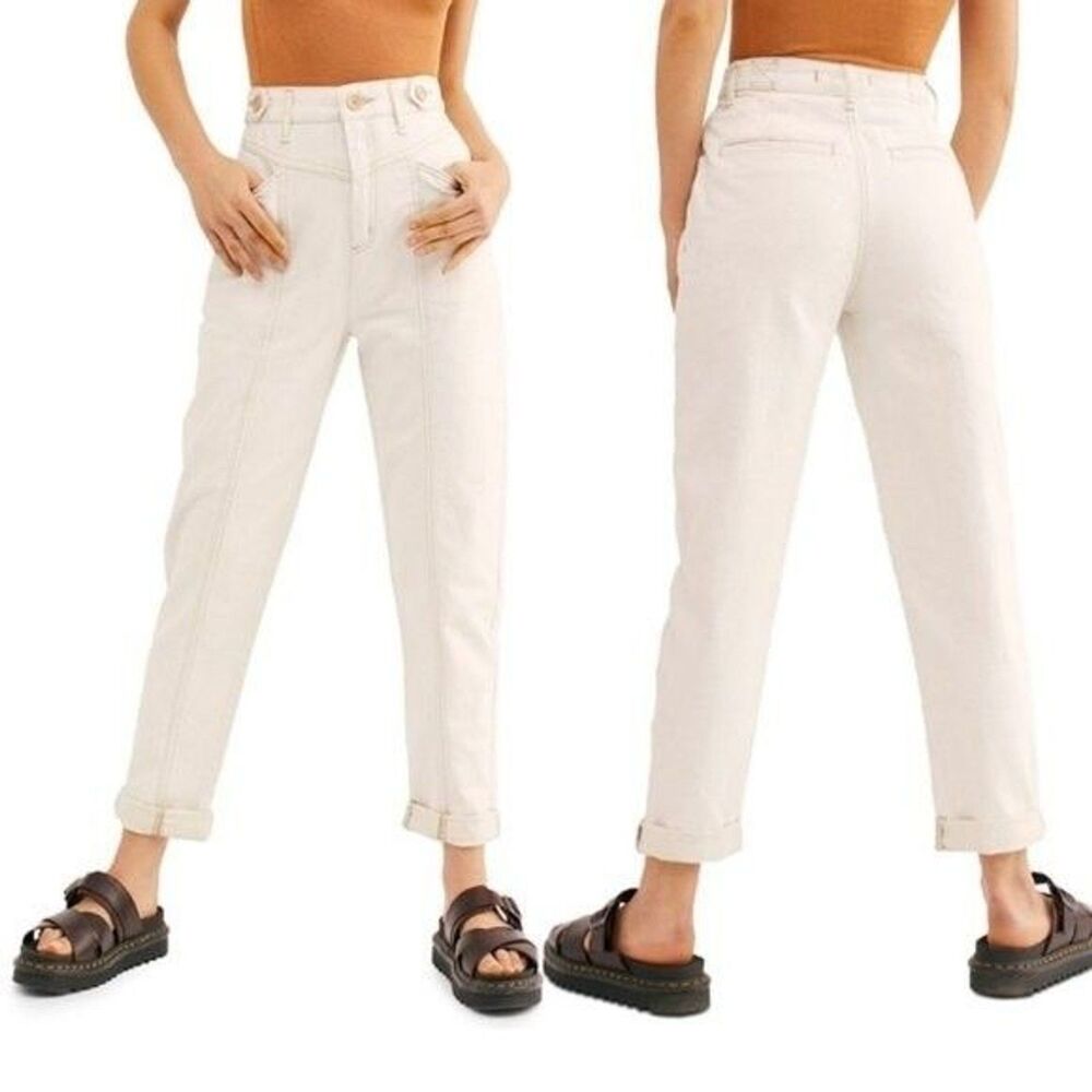 WE THE FREE PEOPLE Cream Linen Blend High Rise Western Retro Yoke Jeans SIZE 24